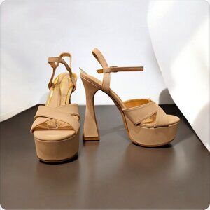 Beige Platform High Heels With Cross-Strap Design & Adjustable Ankle Strap All M
